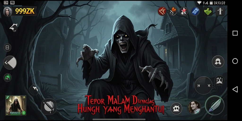 Screenshot 999ZK menampilkan momen menakutkan saat karakter utama menghadapi hantu.