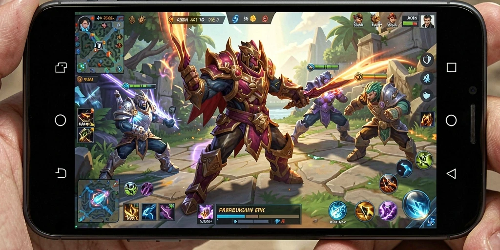 Screenshot A200M menunjukkan aksi pertarungan seru antara dua tim MOBA.