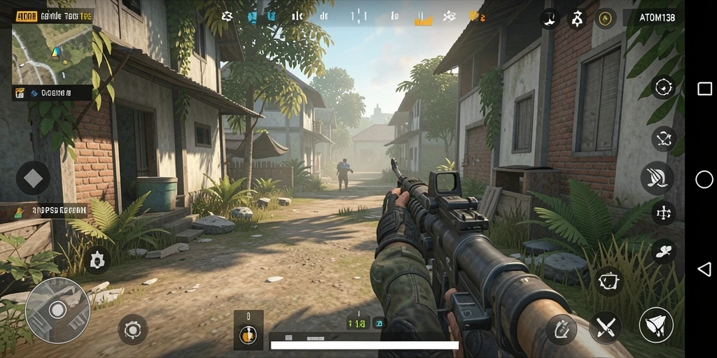 Screenshot gameplay ATOM138 menampilkan aksi pertempuran seru di medan perang.