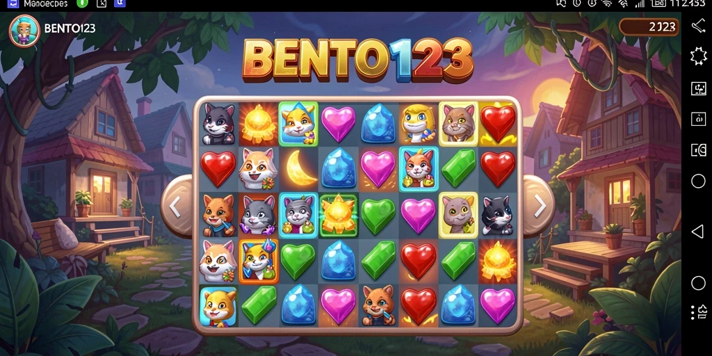 Screenshot gameplay BENTO123 menunjukkan kombinasi objek Match-3 yang menyejukkan mata.