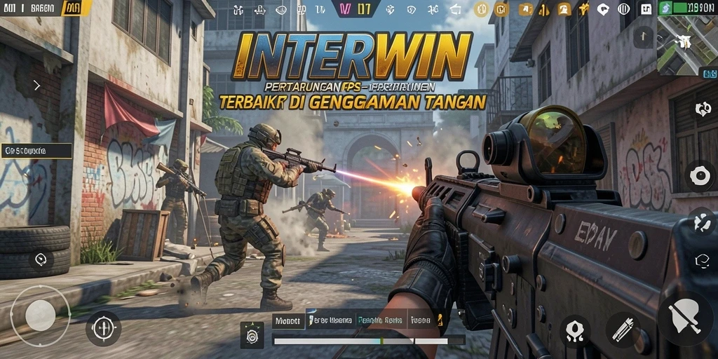 Tangkapan layar dari aksi seru dalam INTERWIN dengan gameplay FPS yang intens.