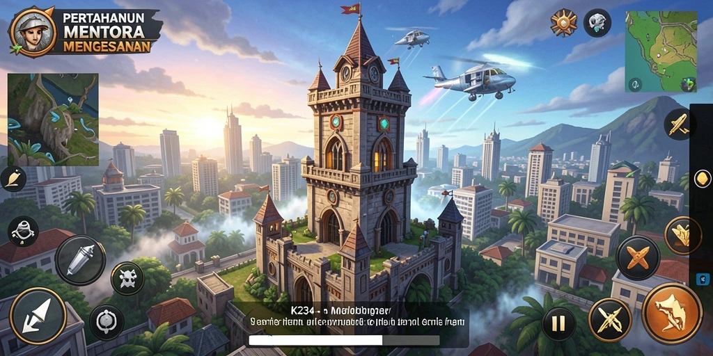 Screenshot gameplay K234 menunjukkan bentrokan strategis menara melawan gelombang musuh.
