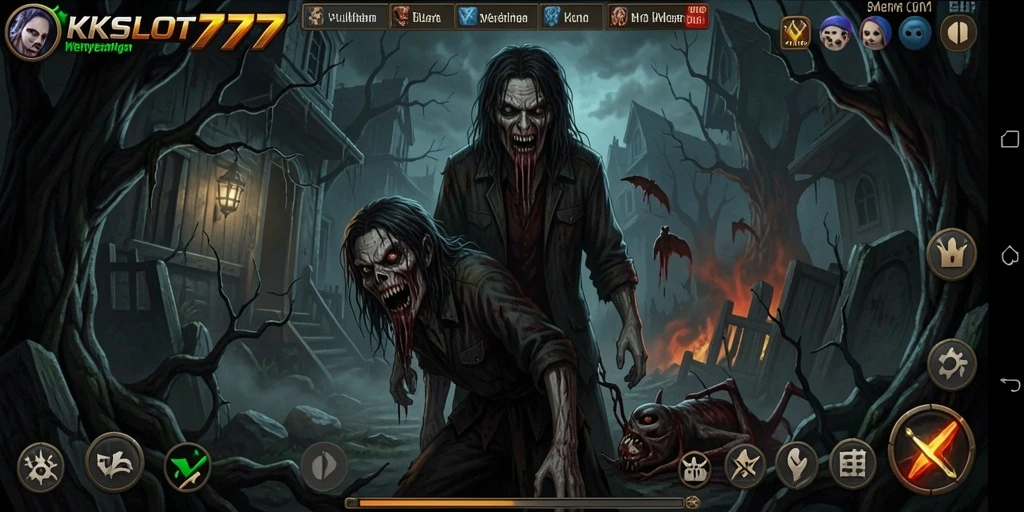 Gameplay KKSLOT777 menampilkan suasana mencekam dengan efek suara yang menyeramkan.