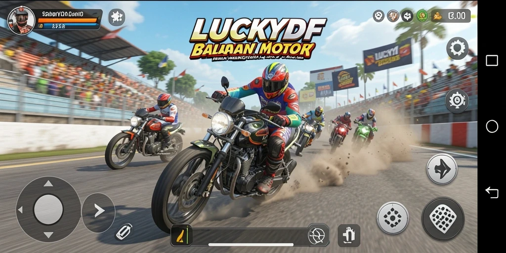 Tampilan menarik dari gameplay balapan motor LUCKYDF yang mendebarkan.