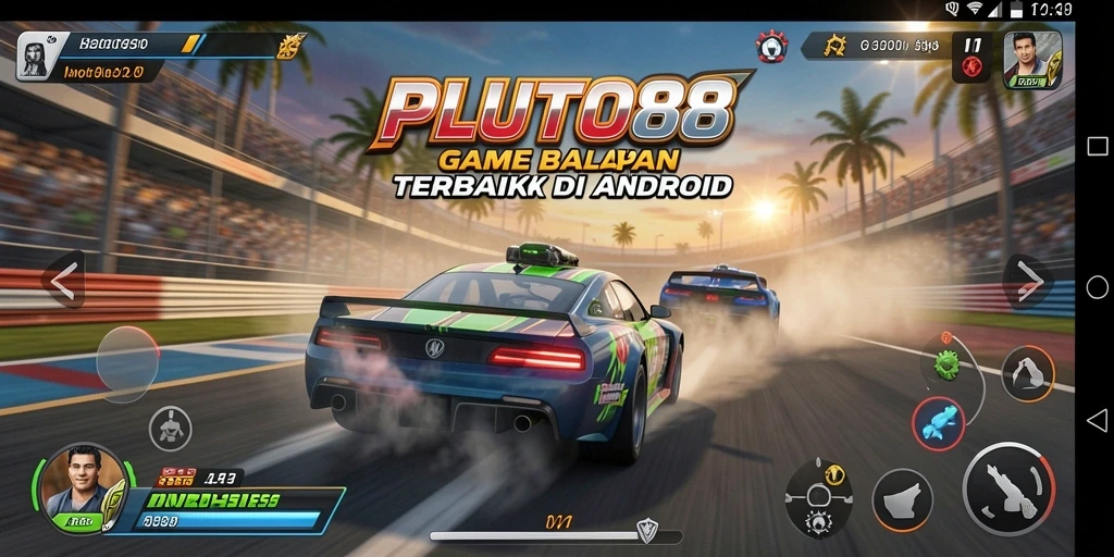 Screenshot utama PLUTO88 menampilkan aksi balapan yang intens.