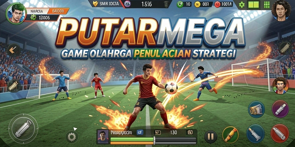 Screenshot utama PUTARMEGA menampilkan aksi seru di lapangan olahraga.