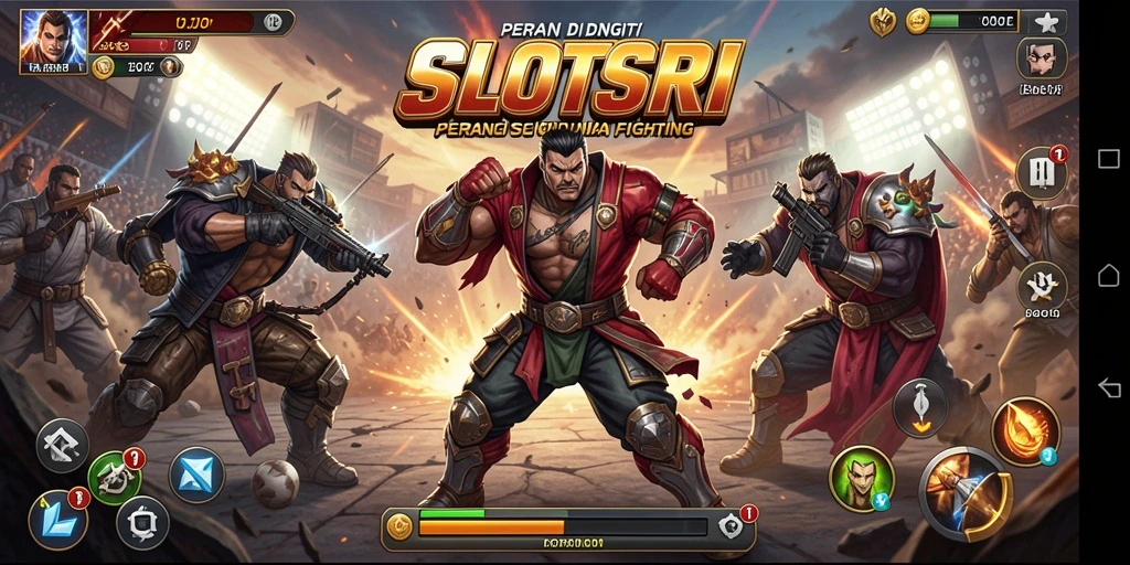 Screenshot utama SLOTSRI menampilkan pertarungan seru antara dua karakter.